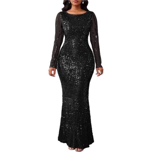 Women's Sequins Round Neck Long Sleeve Maxi Dress Black - Picture 1 of 4